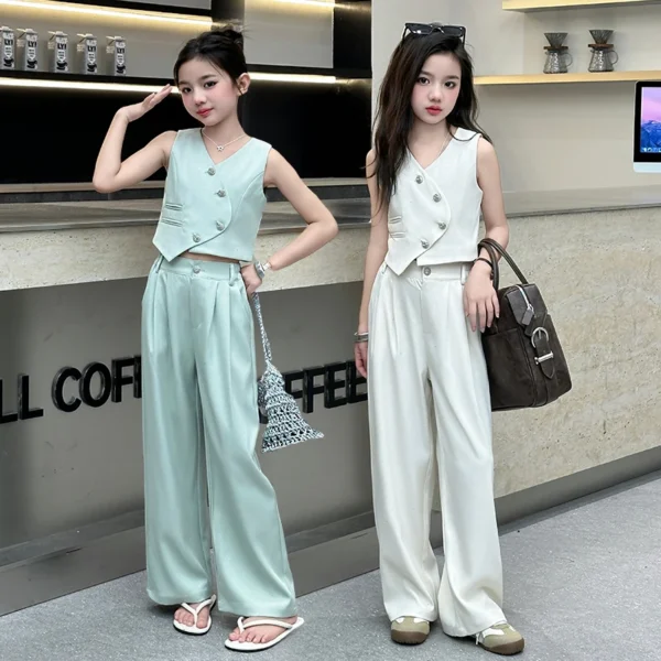 2025 Summer Girls Asymmetric Sleeveless Blazer Suit Teenager Two-Piece Set Formal Tops with Pants Fashionable Kids Occasion Wear - Image 3