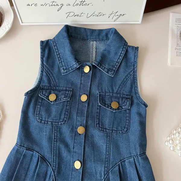 2025 Summer New Korean Version Girls Sleeveless Denim Slim-fitting Breasted Dress Girls Temperament Children's Skirt - Image 2