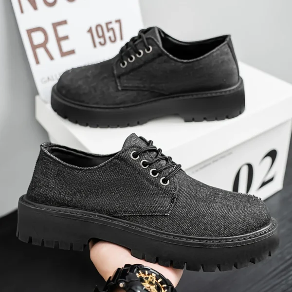 Botta Texana Masculino Fabric with Holes American Canvas Big Head Thick Sole Small Leather Shoes Hiking Boots Black Sneakers - Image 2