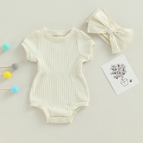 Sweety Baby Girl 2 Piece Outfits Solid Color Short Sleeve Romper with Bow Headband Set Summer Baby Bodysuits Clothes - Image 4