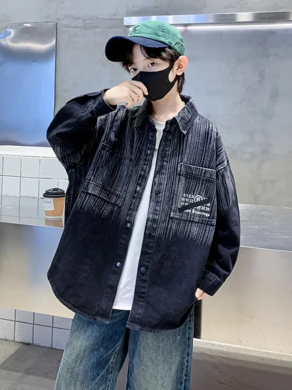 New Autumn Teenage Gradient Black And Denim Jacket for Boy Kids Streetwear Harajuku Jeans Coat Clothing Child Luxury Outfits - Image 5