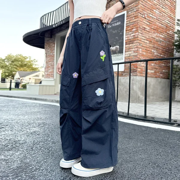Teen Girls Cargo Pants Child Retro Floral Embroidered High-Waist Straight Wide-Leg Pants for Kids Casual Fashion Loose Trousers - Image 4
