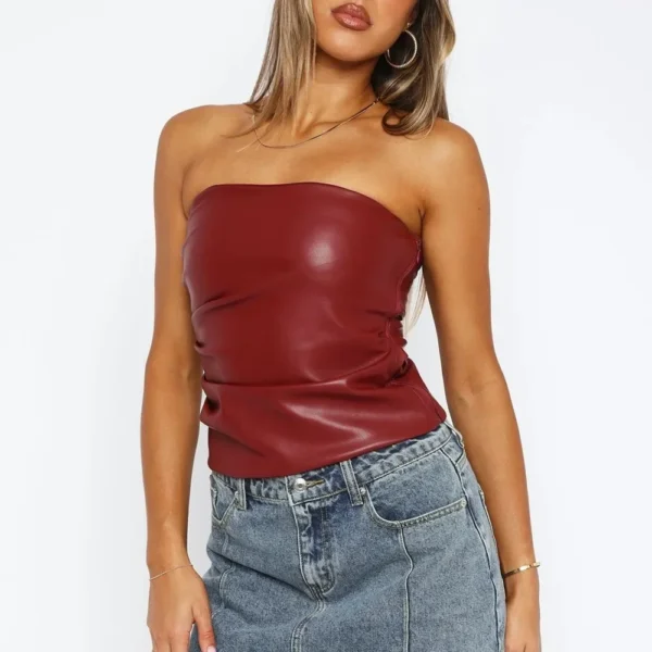 Women's Clothing Sleeveless Tank Top Chest Wrap Top Backless Solid Color Pu Leather - Image 2