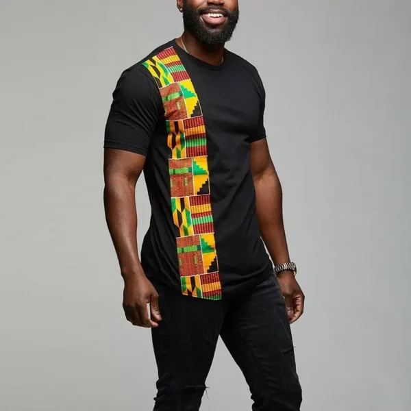 African kente T shirt patchwork color print top wear mens Ankara style panel tees o neck Kitenge for men short sleeves Black - Image 2
