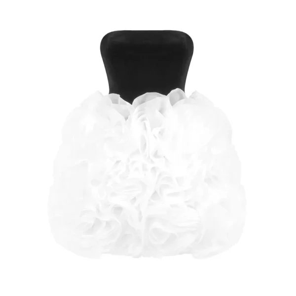 Black and White Ruffled Short Dress Tube Velvet Top Sleeveless Open Back 3D Structured Flowers Cocktail Party Mini Ball Gown - Image 2
