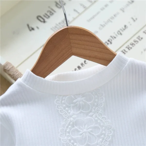 Girls Long Sleeve Cotton T-Shirt Spring Autumn White Blouse Bubble Sleeve Top Princess Elegant Lace Trim Thin Layering Shirt - Image 4