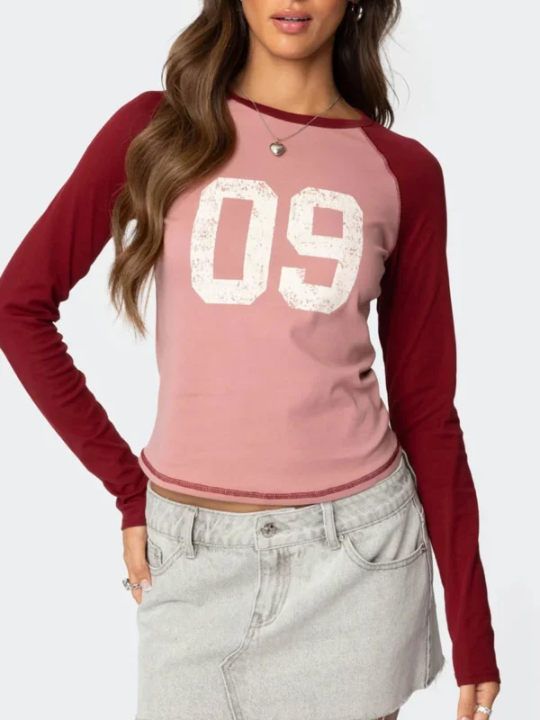 Womens Graphic Fall T-Shirt Slim Number Print Raglan Long Sleeve Round Neck Crop Shirt Casual Teen Girls Tee Pullover Streetwear