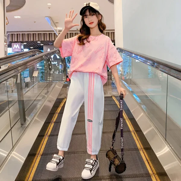 Teen Girls Sport Suit letters short t-shirt + striped Pants Children Set Tracksuit Kids Leggings