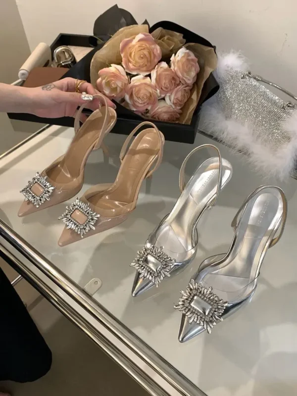 2025 High-heeled Shoes With Female Pointed Toes, Niche Temperament, Slim Heel, Rhinestone Square Buckle, And Rear Strap - Image 5