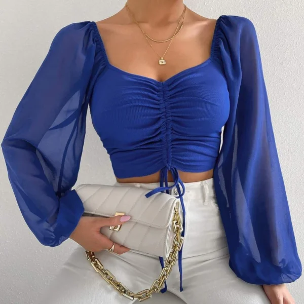 Sexy Mesh Lantern Sleeves Drawstring Wrap Chest Bare Midriff T Shirt Women Long Sleeves Bottoming Shirt Ladies Tee Shirt Tops - Image 5