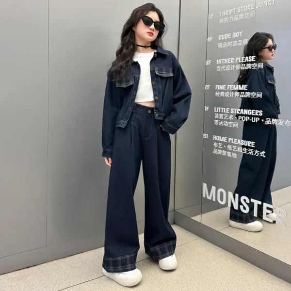 New Girls Children Jacket + Wide Leg Pants 2pcs Kids Suits Teenage Girl Denim Outfits - Image 3