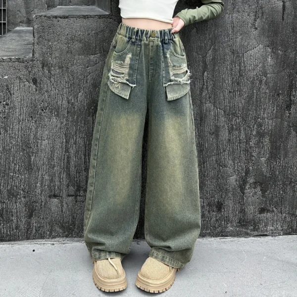 American Girl Spring Ripped Jeans High Street Jeans Pants For Child Retro Blue High Waist Slim Denim Trousers For Teens Kids