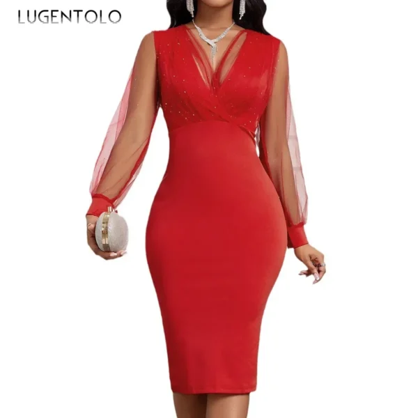 Women Midi Dress Summer Mesh Long Sleeves V-Neck Sequins Glamorous Sexy Hip Wrap Design Stylish Banquet Cocktail Party - Image 5
