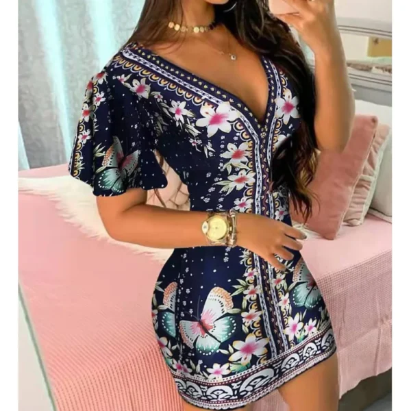 Summer Elegant Floral Print Bodycon Mini Dress Women 2025 Fashion Sexy Deep V-neck Package Hip Dresess Office Lady Party Dress - Image 4