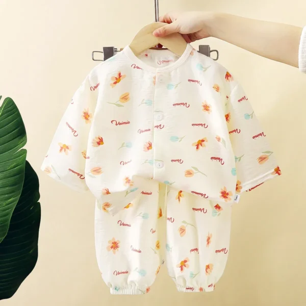 Children's Summer Thin Pajamas Boys Girls Cartoon Letter Print Long Sleeve T-shirt + Pants Sleepwear Baby Casual Clothing Sets - Image 5