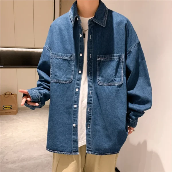 Denim long sleeved shirt men's solid color autumn Korean version trendy simple shirt Hong Kong style loose jacket - Image 5