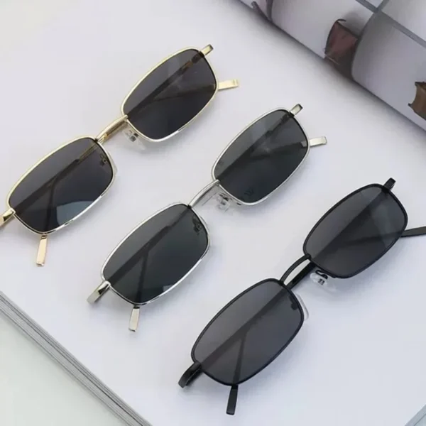 Metal Small Square Men Silver Black Narrow Frame Sunglasses - Image 6