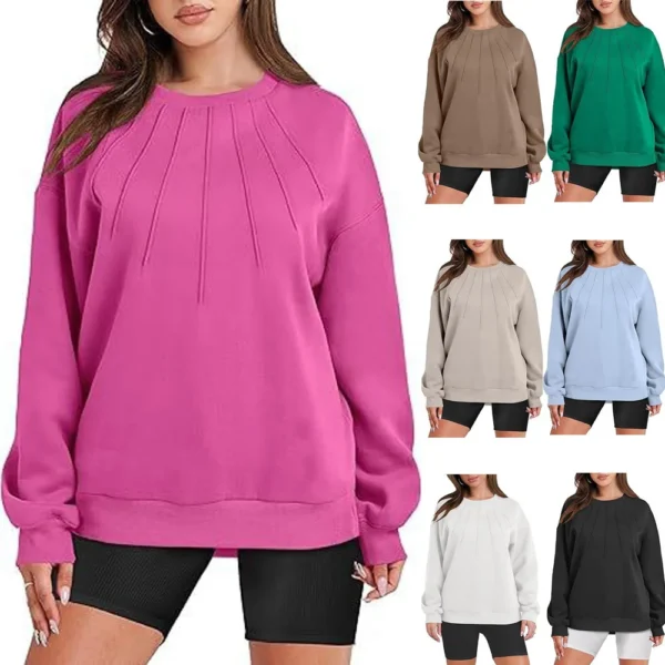 Green Sweatshirt Women Hoodies Casual Crew Neck Pullover Long Sleeve Tops 2025 Fall Teens Solid Pleated Pullover Hoody Coats