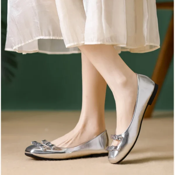 Women Design Bows Hollow Flat Shoes Ladies Casual Shallow Soft Sole Ballerina Flats Summer Simple Buckle Strap Slip on Shoes - Image 5