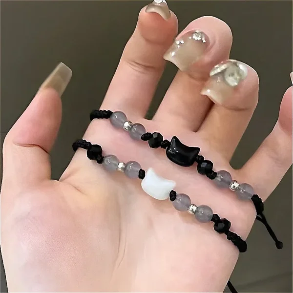 Cute Cat Couple Bracelet Imitation Wood Crystal Braided Children Bracelet - Image 4