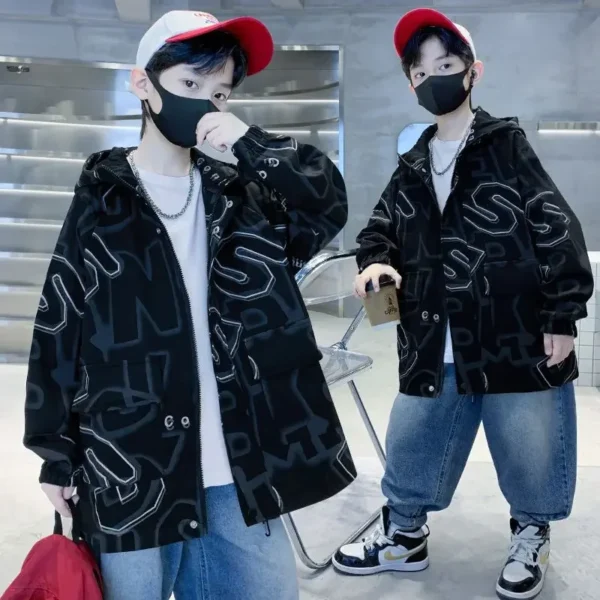 5-14 Years Fashion Windbreaker Jackets Spring Autumn Coats Teens Big Boys Clothes Hooded Jacket Solid Print Children Outwear - Image 2