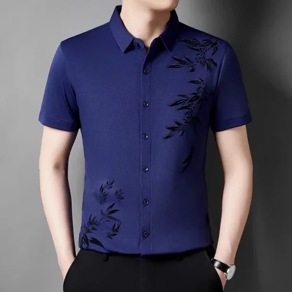 Men's short-sleeved shirt, flocked high elasticity generous fashion lapel shirt 8 colors - Image 2