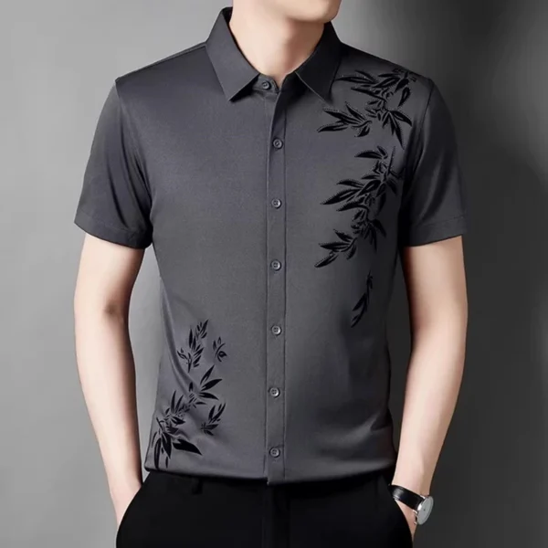 Men's short-sleeved shirt, flocked high elasticity generous fashion lapel shirt 8 colors - Image 4