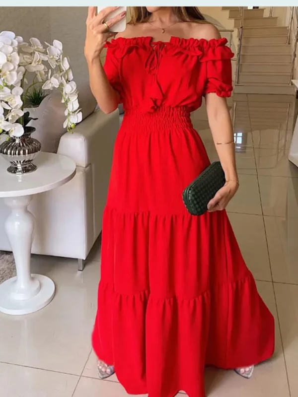 2025 Summer Solid Boho Dress Women Fashion Elegant Beach Party Dress Casual Slash Neck Office Maxi Dresses For Woman Robe Femme - Image 6
