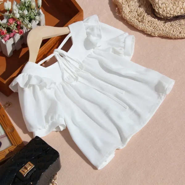 New Children Pure Color Doll Shirt Summer Puff Sleeve Blouse for Toddler Girls Korean Chiffon Short Sleeve Tops Clothes 10 12Yrs - Image 2