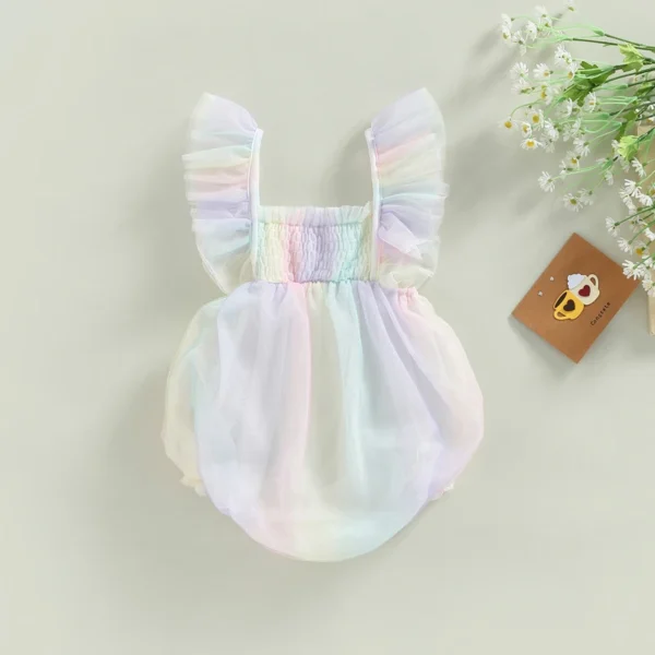 Newborn Baby Girls Mesh Romper Ruffle Square Collar Rainbow Colorful Mesh Bodysuit Princess Party Rompers Jumpsuits Outfit - Image 2