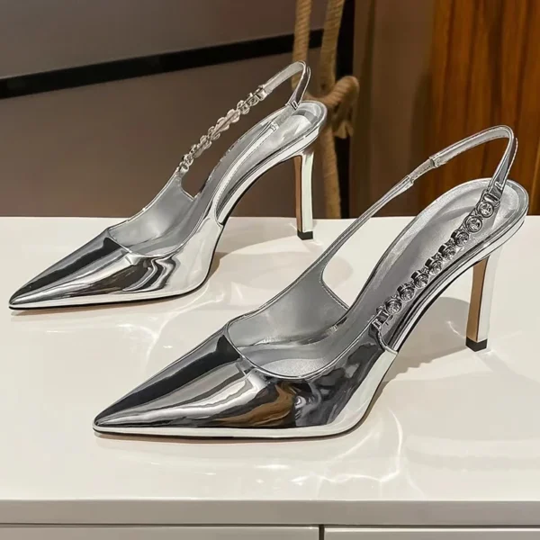 Shiny High Heels Slingback Silver Women Pumps Metallic Crystal Sandals Pointy Toe Stiletto Heeled Shoes Party Dress Shoes Woman - Image 2