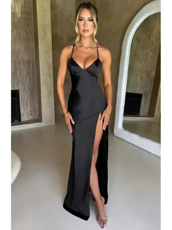 Bandage Backless Elegant Dress Split Hem Spaghetti Strap Slim Cocktail Party Club Fashion Satin Solid Lace-Up Long Dresses - Image 6