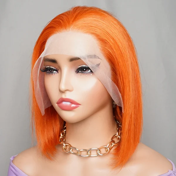 #350 Ginger Color Bone Straight 15A Short Bob Wig 13x4 HD Lace Frontal Wigs Pre-colored Orange Remy Indian Human Hair Extension - Image 4