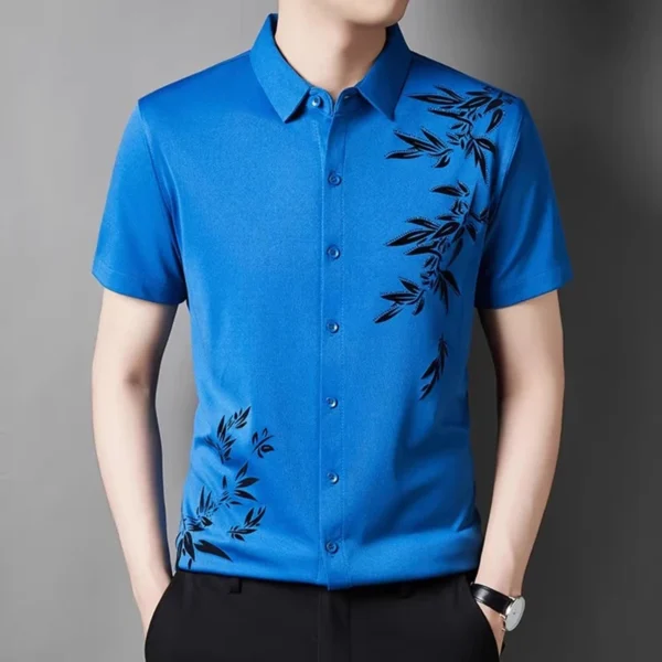 Men's short-sleeved shirt, flocked high elasticity generous fashion lapel shirt 8 colors