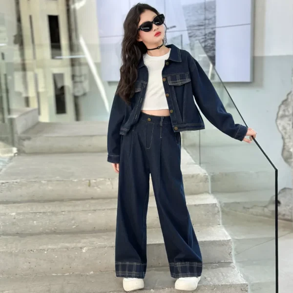 New Girls Children Jacket + Wide Leg Pants 2pcs Kids Suits Teenage Girl Denim Outfits