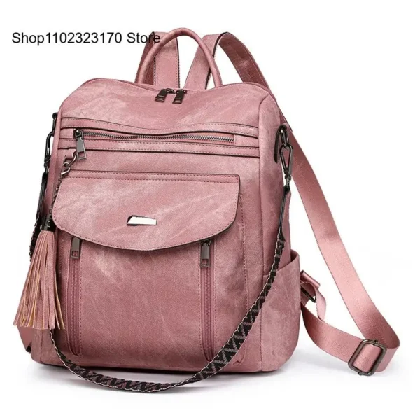 Spring Pu Leather Retro Pure Color Multi Zipper Compartment Large Capacity Single Shoulder Handbag Backpack Women - Image 2