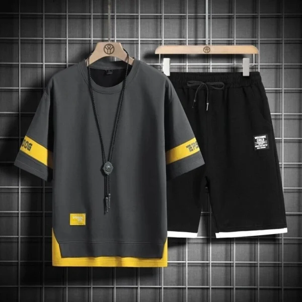 Men's Casual Short Sleeve T-shirt + Short 2 Piece Set Black White Letter 3D Print Suit - Image 2