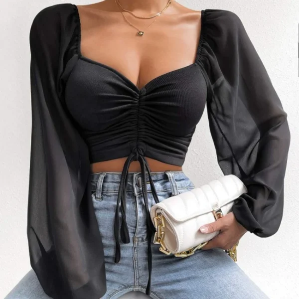Sexy Mesh Lantern Sleeves Drawstring Wrap Chest Bare Midriff T Shirt Women Long Sleeves Bottoming Shirt Ladies Tee Shirt Tops - Image 2