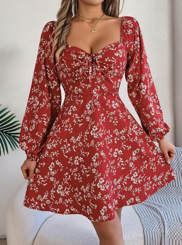 Elegant Women's Loose Dresses Casual Sexy Lace Up Square Neck Floral Long Sleeved A-Line Dress for Women