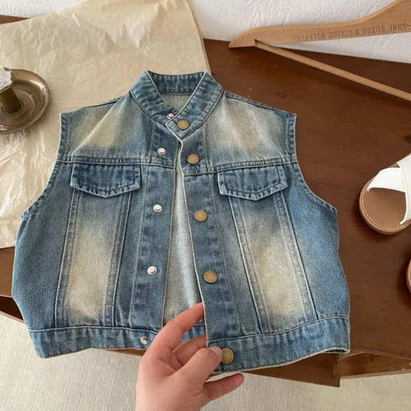 2024 Autumn New 1-8 Year Old Korean Version of Boys and Girls Versatile Vest Denim Cardigan Jacket Fashion Casual