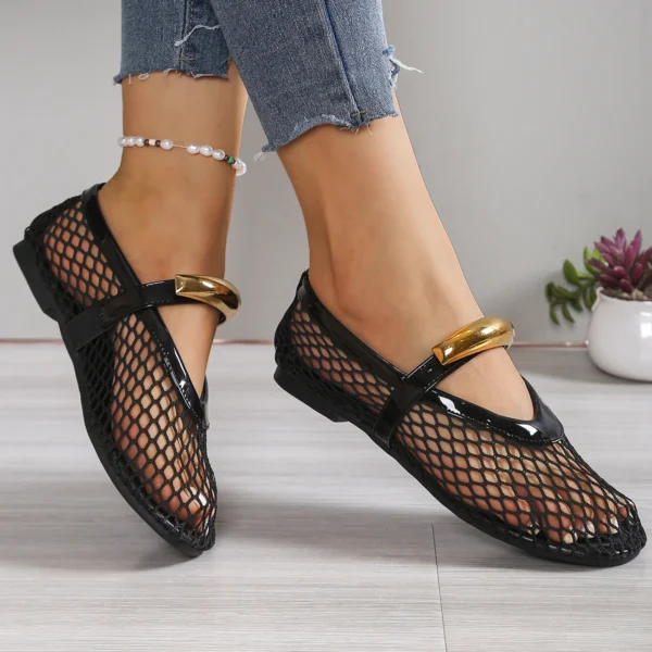 Women Mesh Ballet Flats Sandals Fishnet Ballerina Flats Buckle Strap Slip on Sandals Ballerina Round Toe Ballet Shoes for Women - Image 3