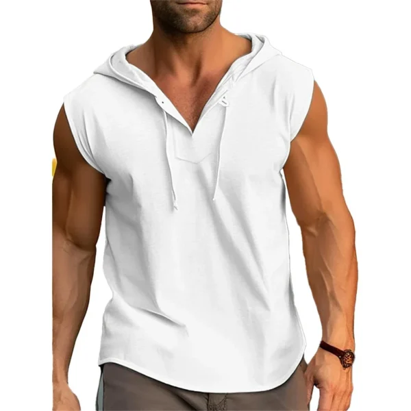 Male T-shirt Men V-neck Vest Wear-resistant Breathable Casual Drawstring Fitness Hooded Loose Daily Sports Fashion