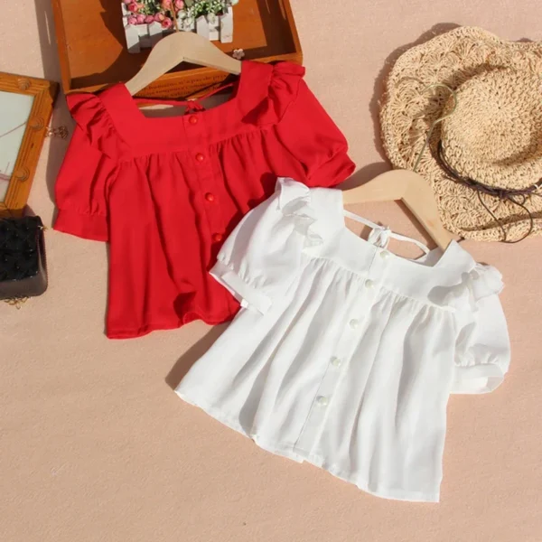New Children Pure Color Doll Shirt Summer Puff Sleeve Blouse for Toddler Girls Korean Chiffon Short Sleeve Tops Clothes 10 12Yrs - Image 3