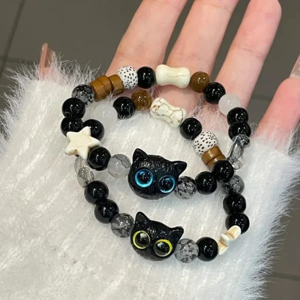 Cute Cat Couple Bracelet Imitation Wood Crystal Braided Children Bracelet