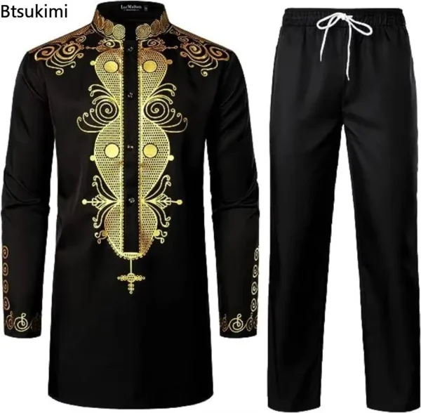 2025 African Men's Casual Printed Two Pieces Fashion Stand Collar Gold Stamping Top and Pants Sets Men Ethnic Style Muslim Suits