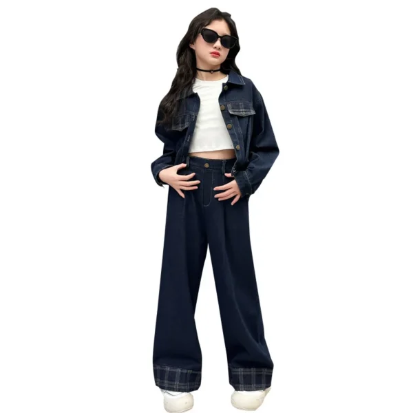 New Girls Children Jacket + Wide Leg Pants 2pcs Kids Suits Teenage Girl Denim Outfits - Image 6