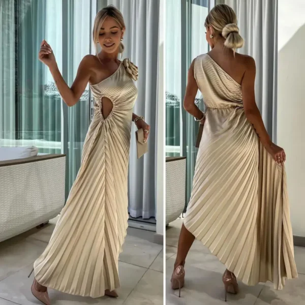 Women Evening Dress One Shoulder Flower Decor Hollow Out Backless Sleeveless Irregular Hem Cocktail Party Wedding Midi Dress