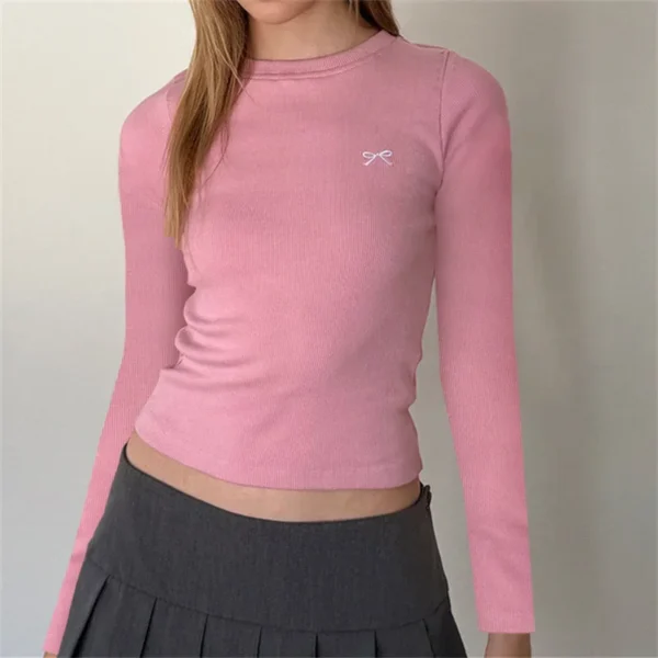Women Y2K Crop Tops Long Sleeve Ribbed Knit Shirts Cute Bow Embroidery Tee Shirts Teen Girls Slim Fitted Baby Tees - Image 2