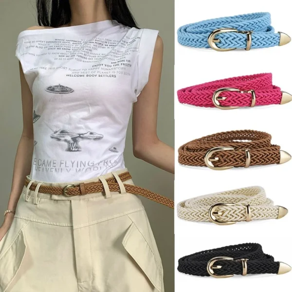 New Fashion PU Leather Braided Belt For Women Candy Color Jeans Dress Decorative Waistband Alloy Pin Buckle Thin Waist Belt DIY