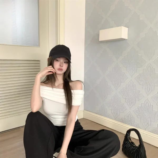 2025 Summer Sexy Off Shoulder T-shirt Women Pleated Skinny Sexy Korean Fashion Crop Tops Woman Japanese Tee Shirt Femme Clothes - Image 4